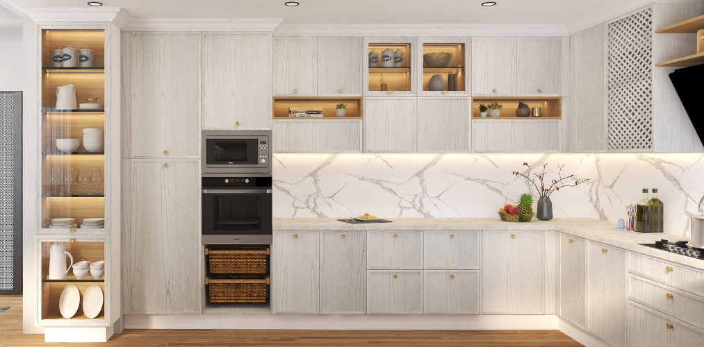 L-shaped kitchen with white wooden textured cabinets and crockery unit-Beautiful Homes