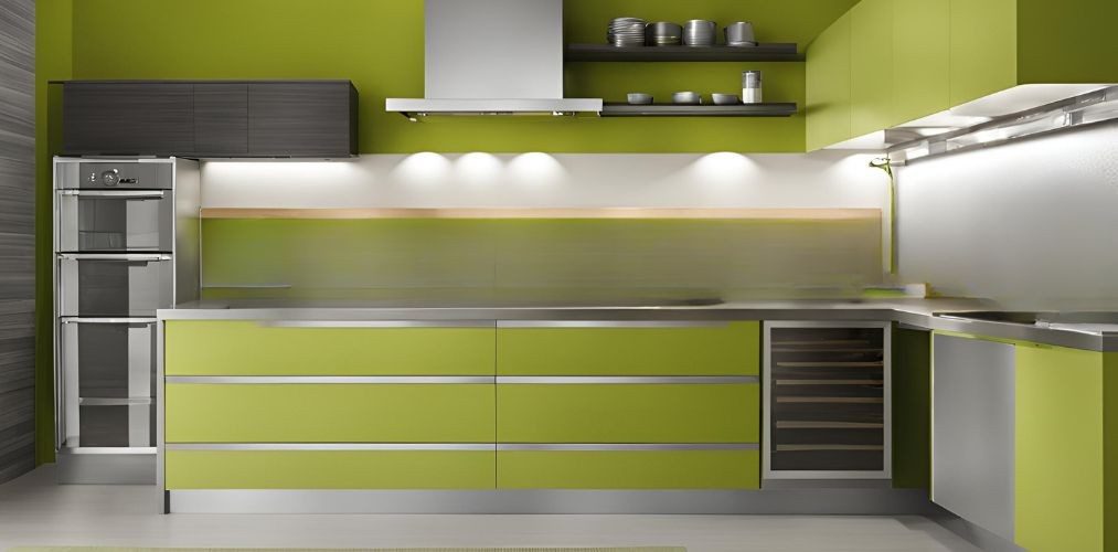 L-shaped lime and silver modular kitchen design - Beautiful Homes