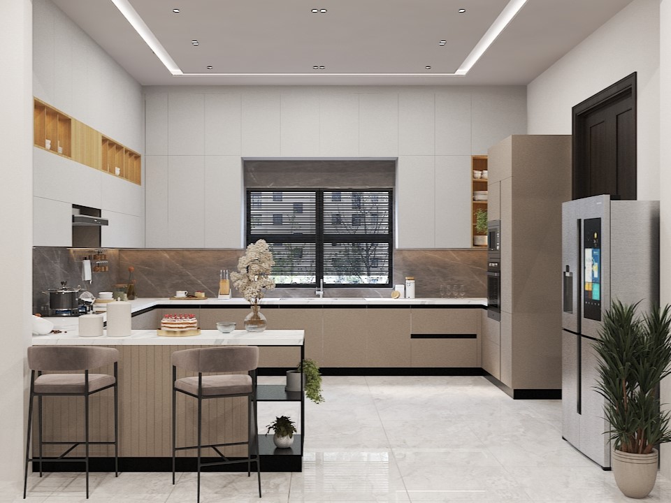 L-shaped kitchen with pastel cabinets and marble countertops - Beautiful Homes