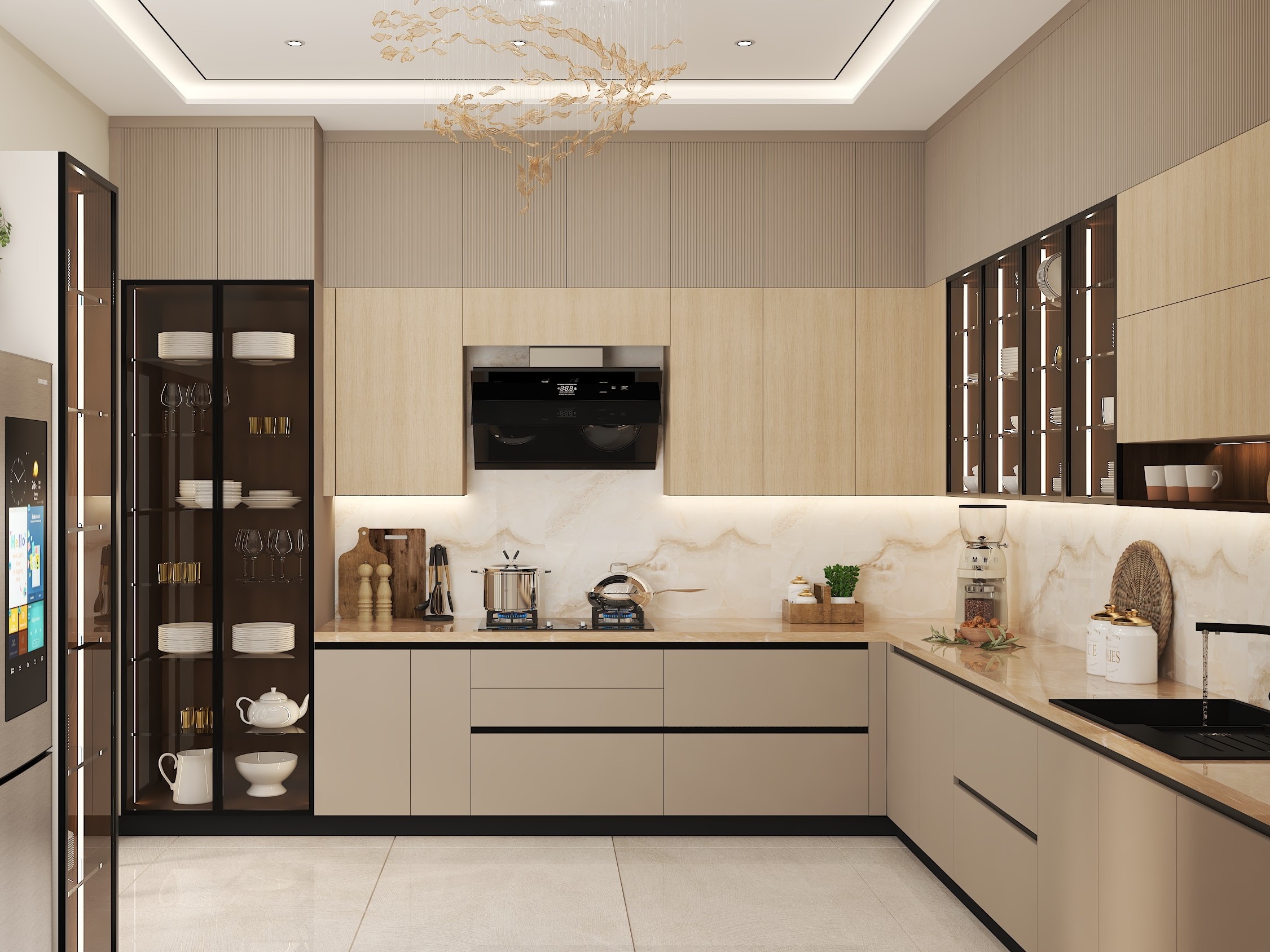 Beige modular kitchen with marble countertops - Beautiful Homes