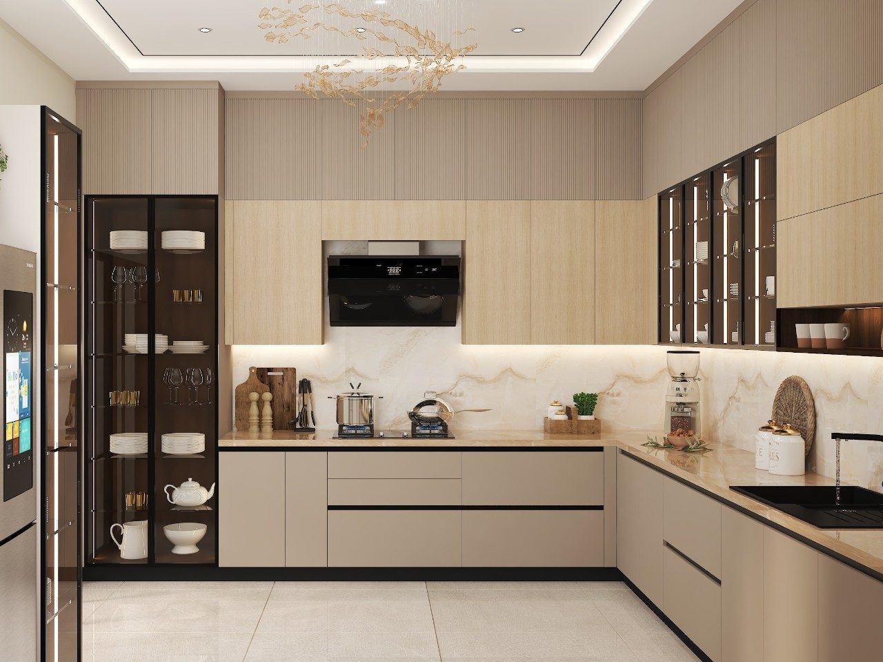 Beige modular kitchen with marble countertops - Beautiful Homes