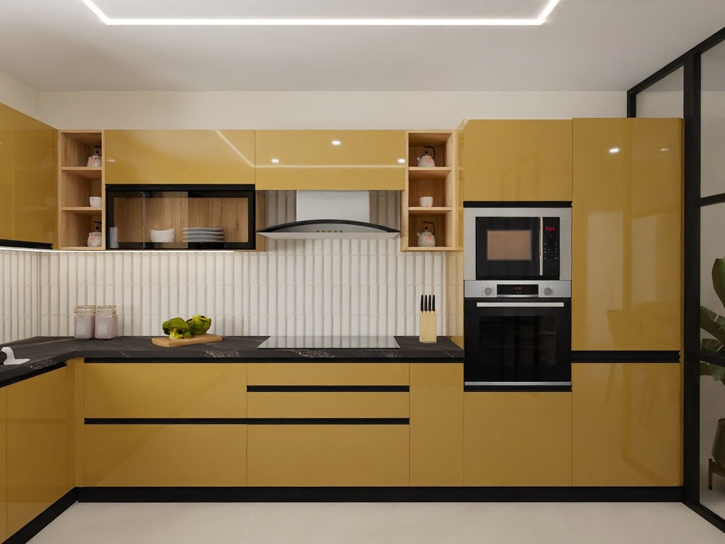 Sleek L-shaped kitchen featuring yellow cabinets, black countertops, and a white textured backsplash - Beautiful Homes