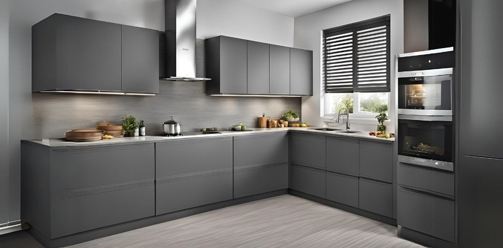 L-shaped modular kitchen with grey cabinets - Beautiful Homes