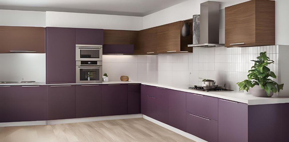 L-shaped modular kitchen with purple and brown cabinets - Beautiful Homes