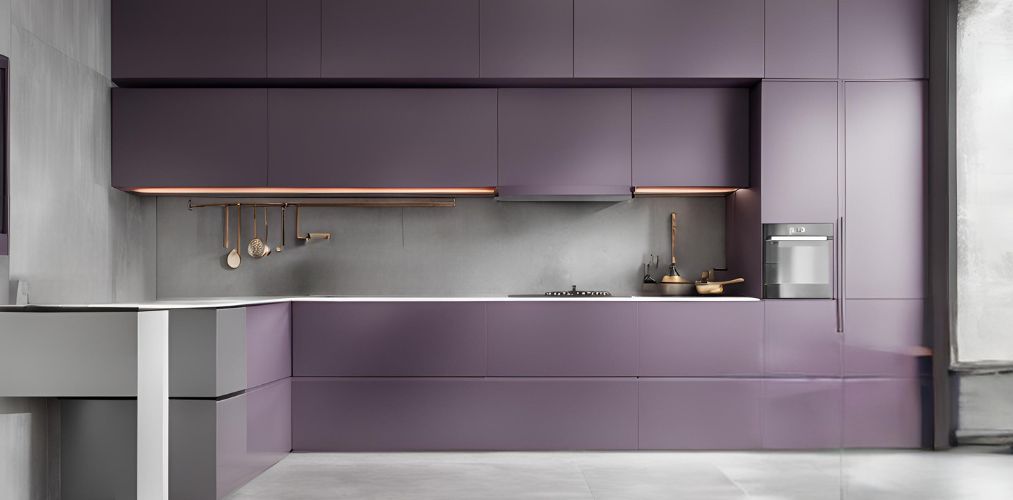 L shaped modular kitchen with purple cabinets and grey backsplash - Beautiful Homes