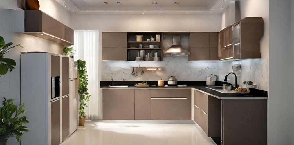 L-shaped modular kitchen with white marble backsplash - Beautiful Homes