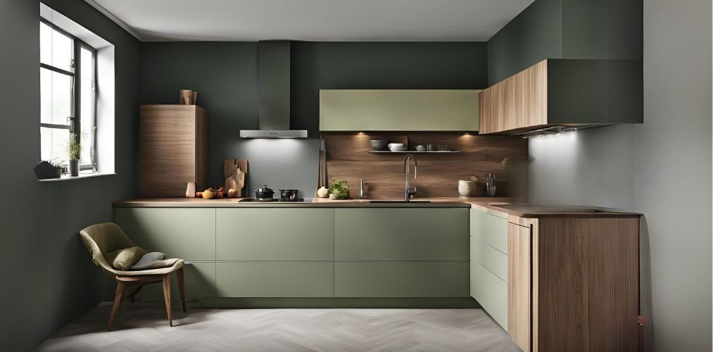 L-shaped olive green kitchen with wooden accents - Beautiful Homes