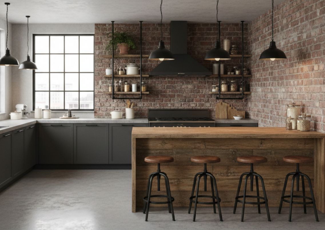 Kitchen with exposed brick, wooden island, and pendant lights - Beautiful Homes