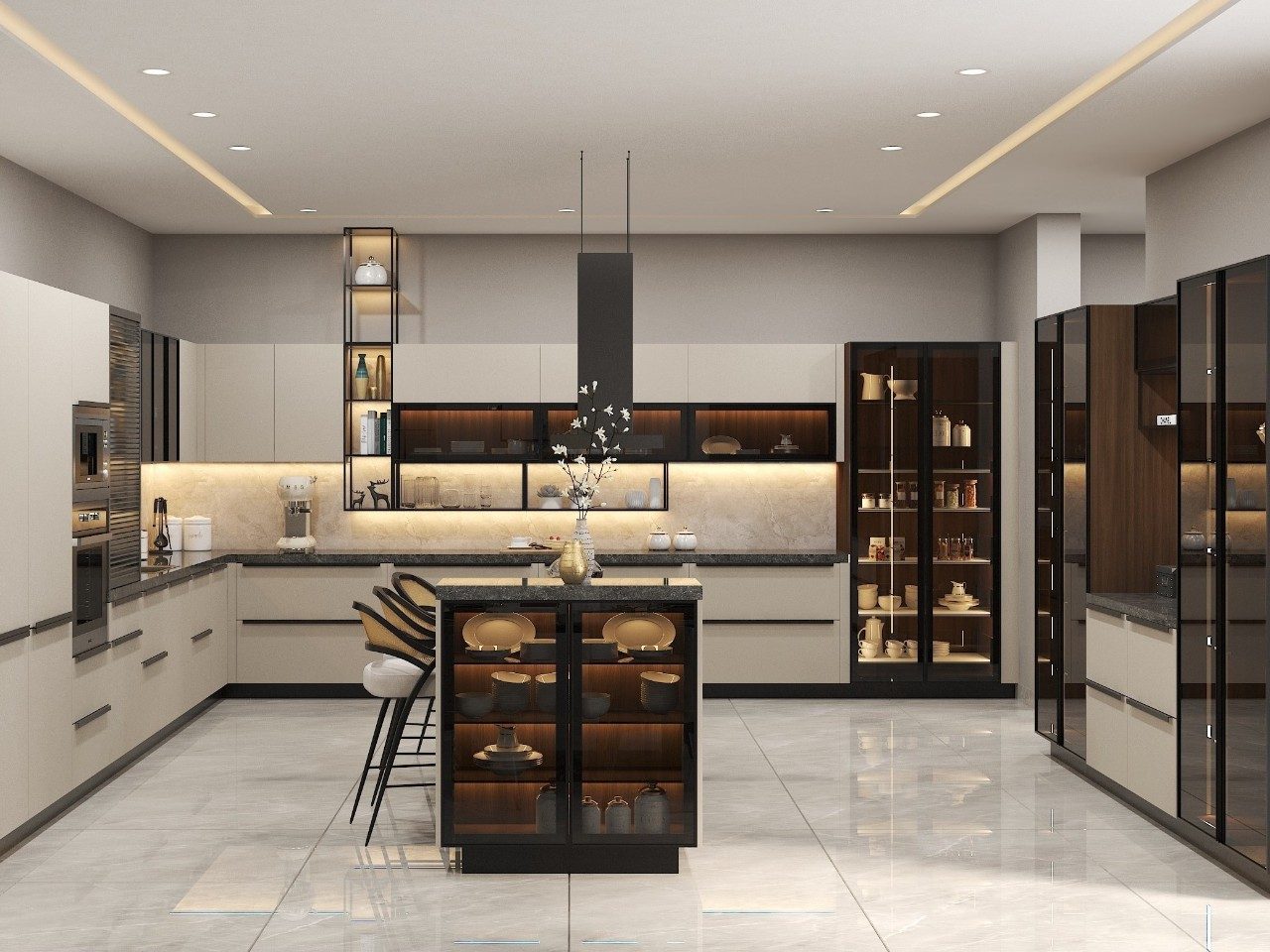 Modern kitchen with glass cabinets and marble countertops - Beautiful Homes