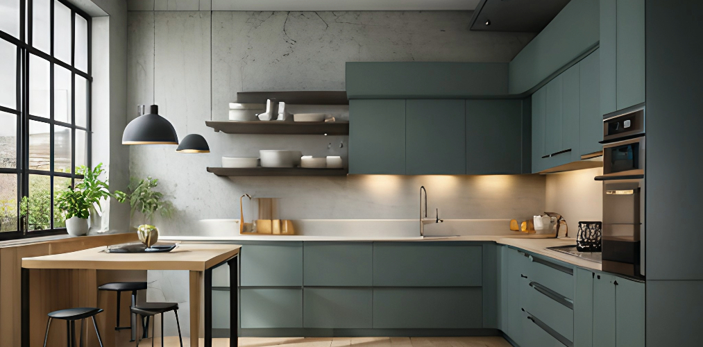 Modular kitchen design with grey cabinets and open storge-Beautiful Homes