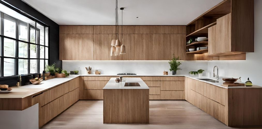 Large kitchen with wood cabinets and white backsplash tiles - Beautiful Homes