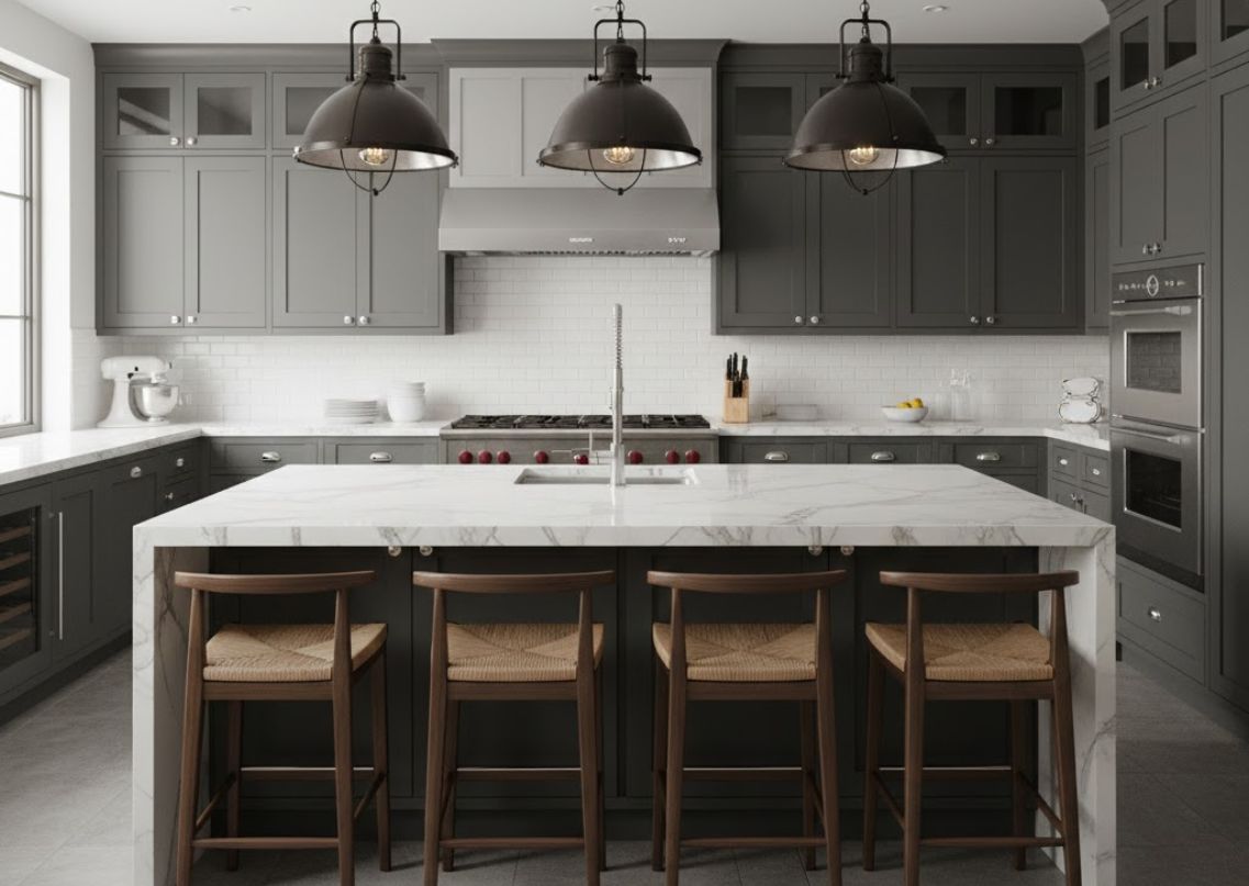 Kitchen with grey cabinets and marble island - Beautiful Homes
