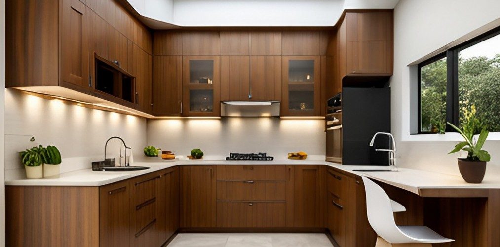 Modular kitchen design with cove lights and wood cabinets-Beautiful Homes