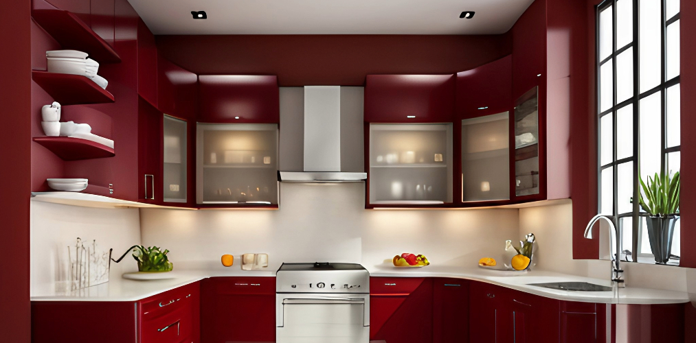 Latest modular red U-shaped kitchen with glass kitchen cabinets-Beautiful Homes