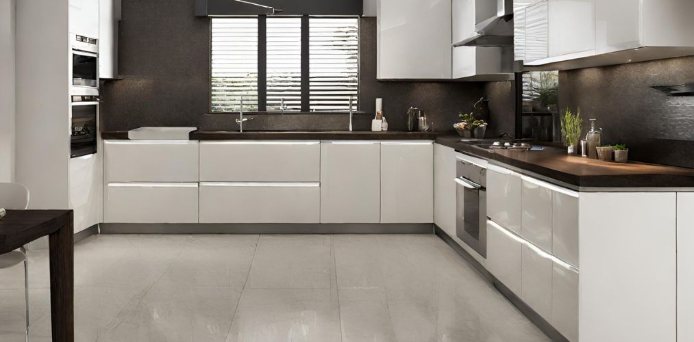 Light grey and brown kitchen with vitrified tiles-Beautiful Homes