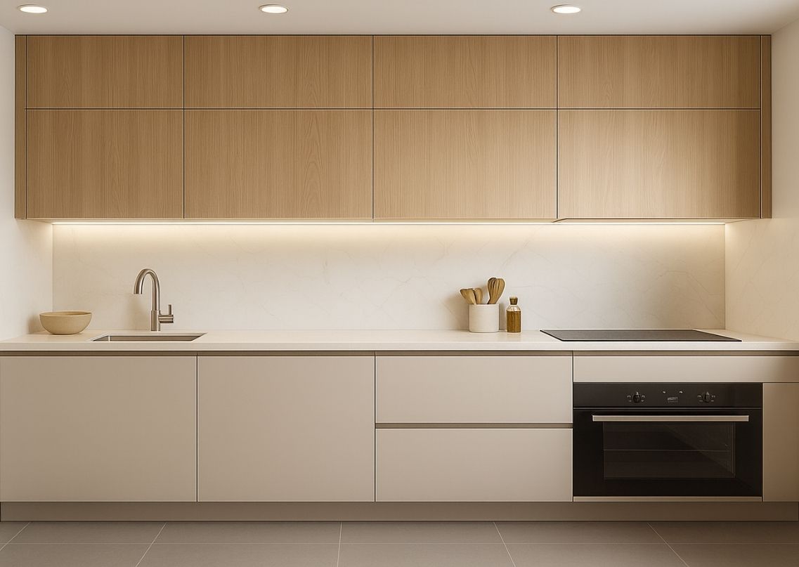 Linear kitchen with wooden cabinets and quartz countertop - Beautiful Homes