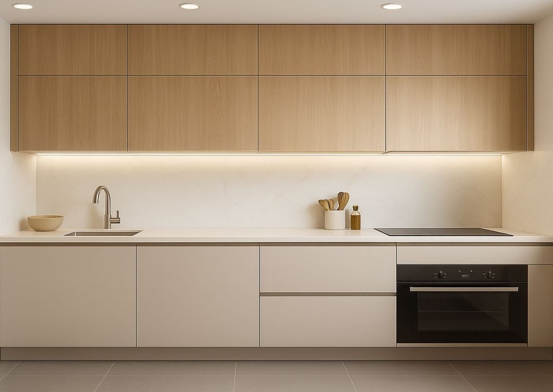 Linear kitchen with wooden cabinets and quartz countertop - Beautiful Homes