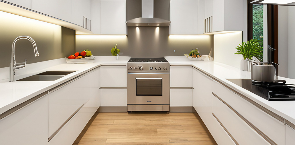 U shaped kitchen design with white laminate cabinets-Beautiful Homes