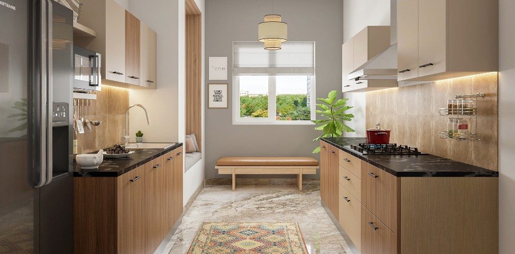 Luxe neutral wooden parallel kitchen design-Beautiful Homes