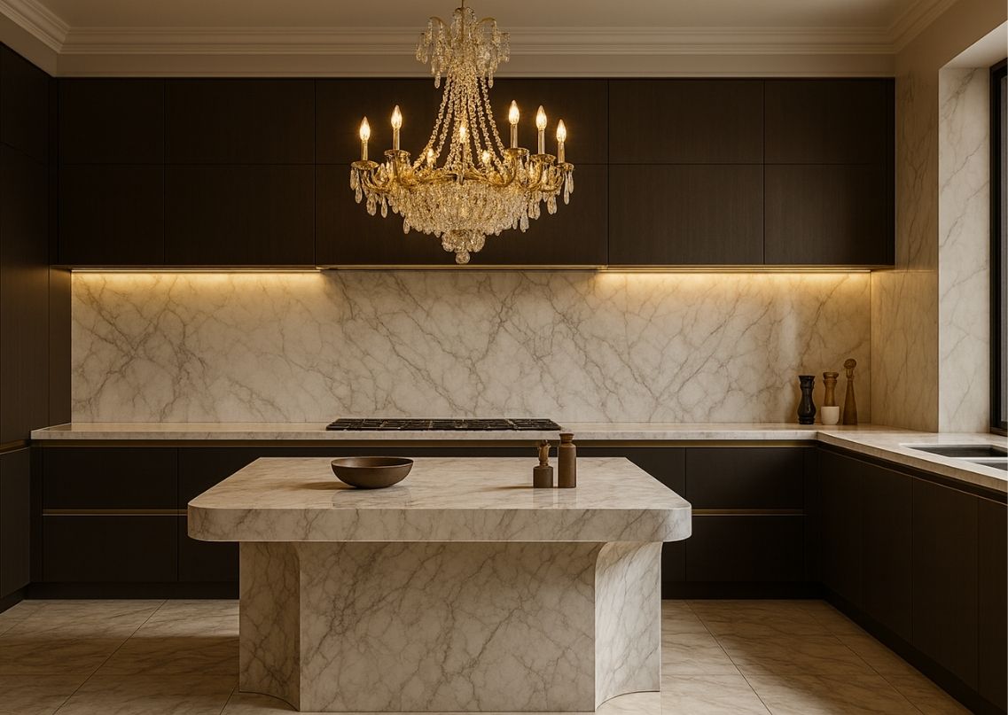 Modern kitchen with marble and chandelier design - Beautiful Homes