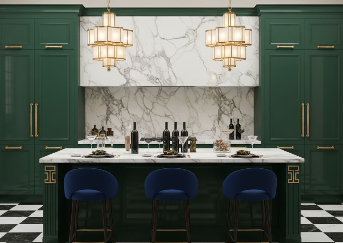 Green kitchen with marble counters and blue stools - Beautiful Homes