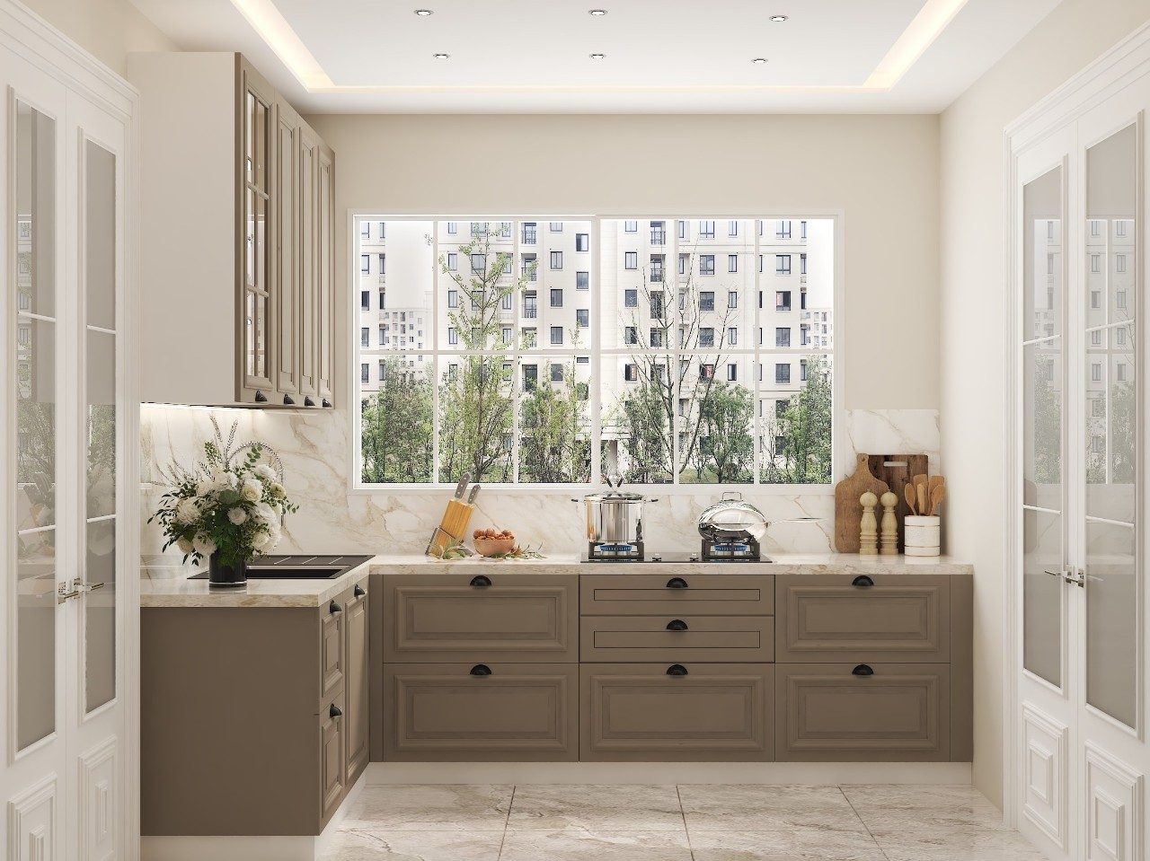 Modern kitchen with beige cabinets and marble countertops - Beautiful Homes