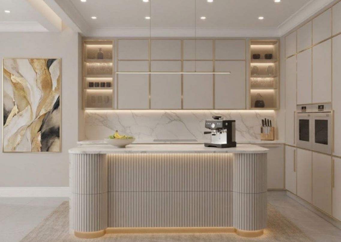 Brown kitchen with marble island and pendant lights - Beautiful Homes