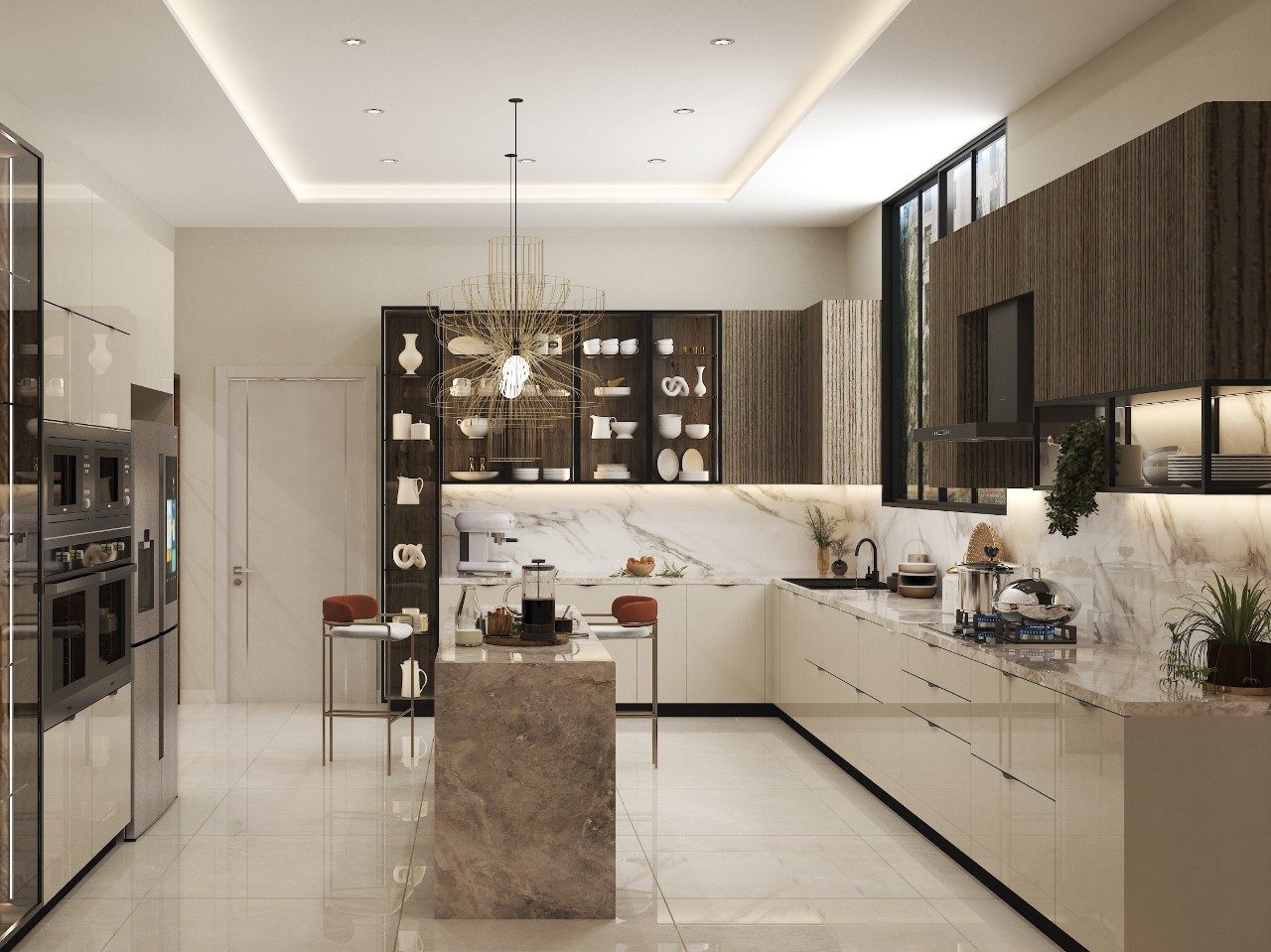 Modern kitchen with marble countertops and island - Beautiful Homes
