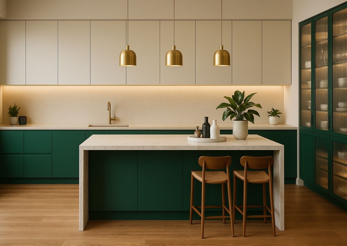 Kitchen with green cabinets and marble island - Beautiful Homes