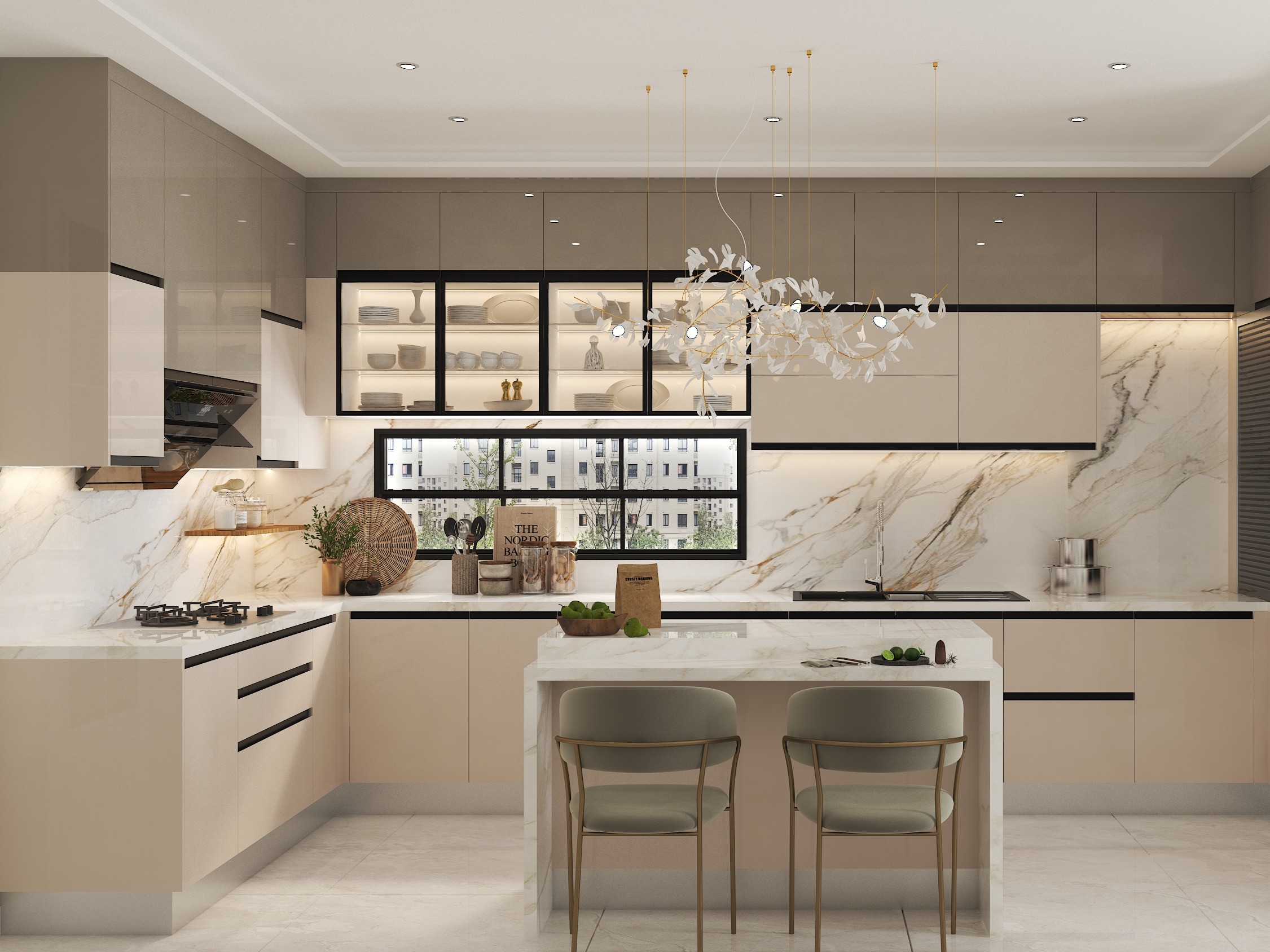 Beige modular kitchen with marble and open storage - Beautiful Homes