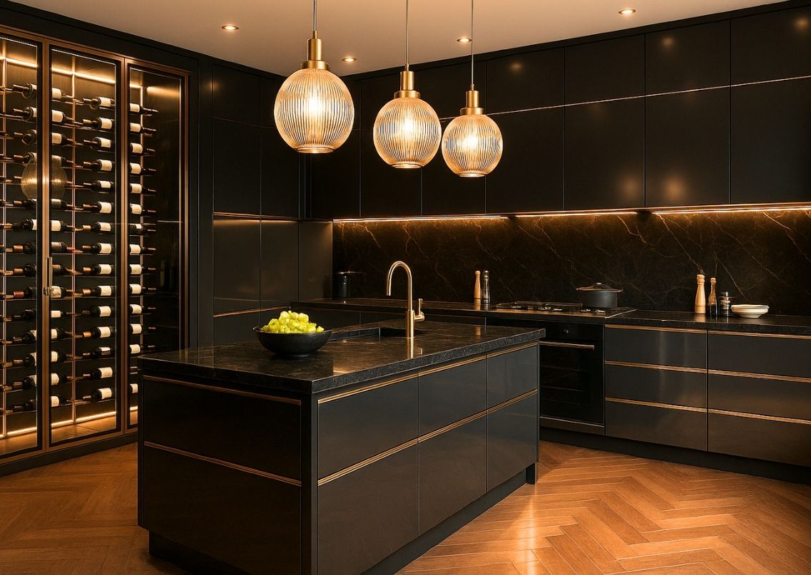 Modern kitchen with black cabinets and pendant lights - Beautiful Homes