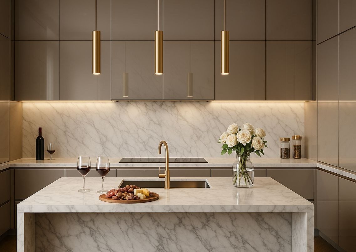 Modern kitchen with marble island and gold accents - Beautiful Homes
