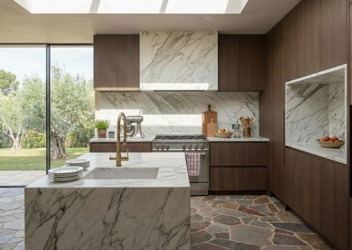Modern kitchen with marble island and cove lights - Beautiful Homes