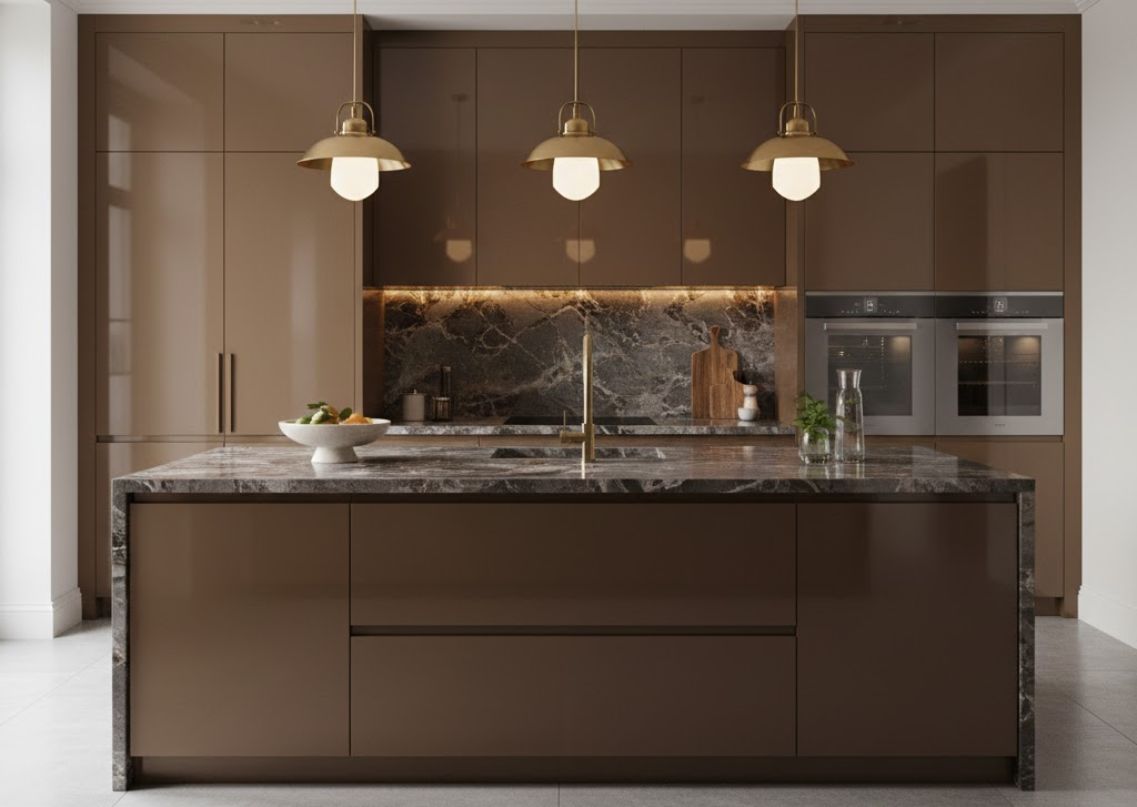 Modern kitchen with marble island and wood cabinets - Beautiful Homes