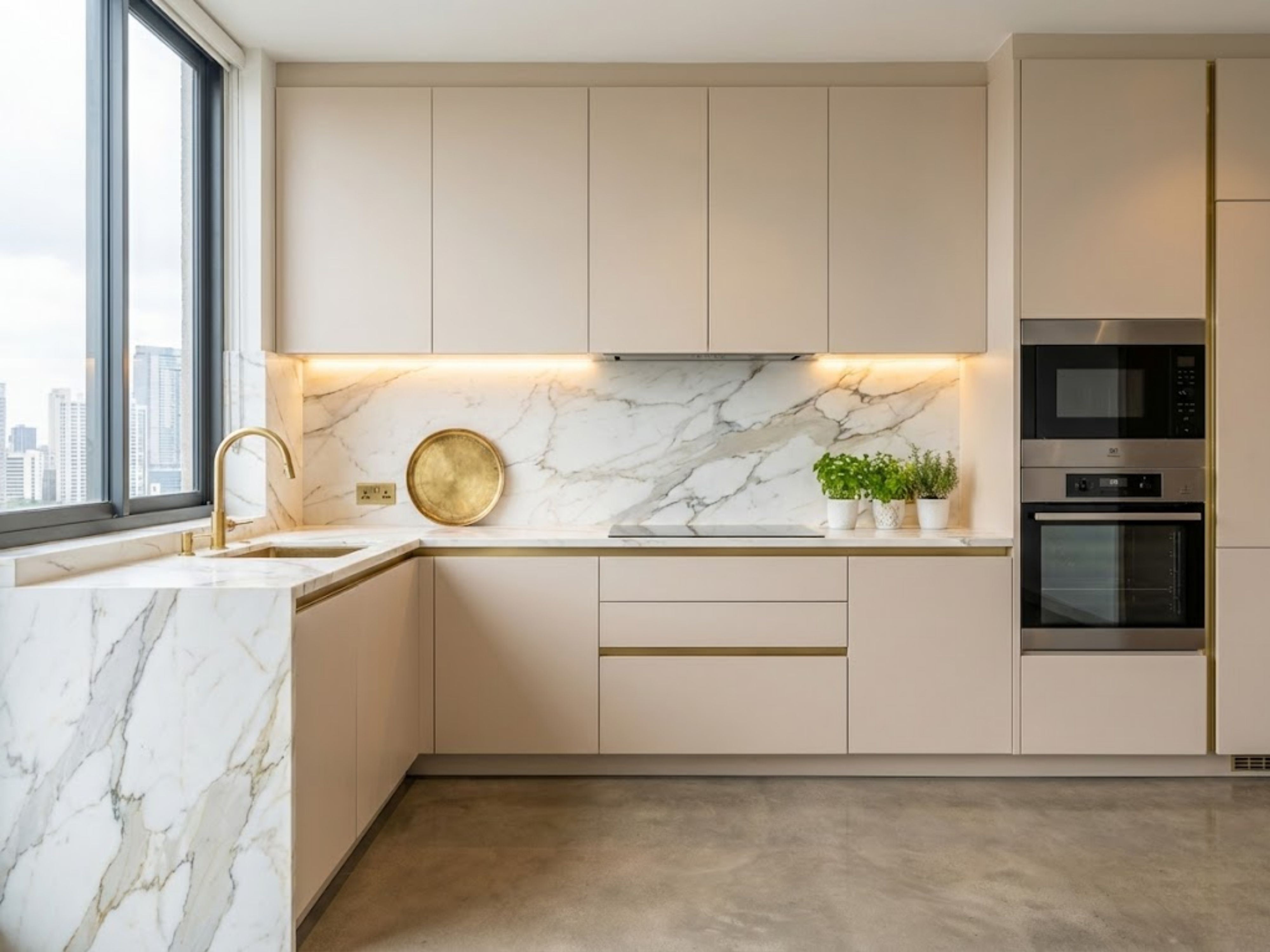Modern modular kitchen with marble and golden accents - Beautiful Homes