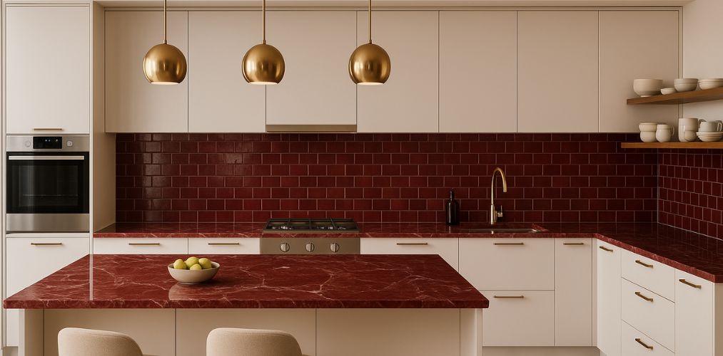 Modern kitchen with red marble and gold lights - Beautiful Homes