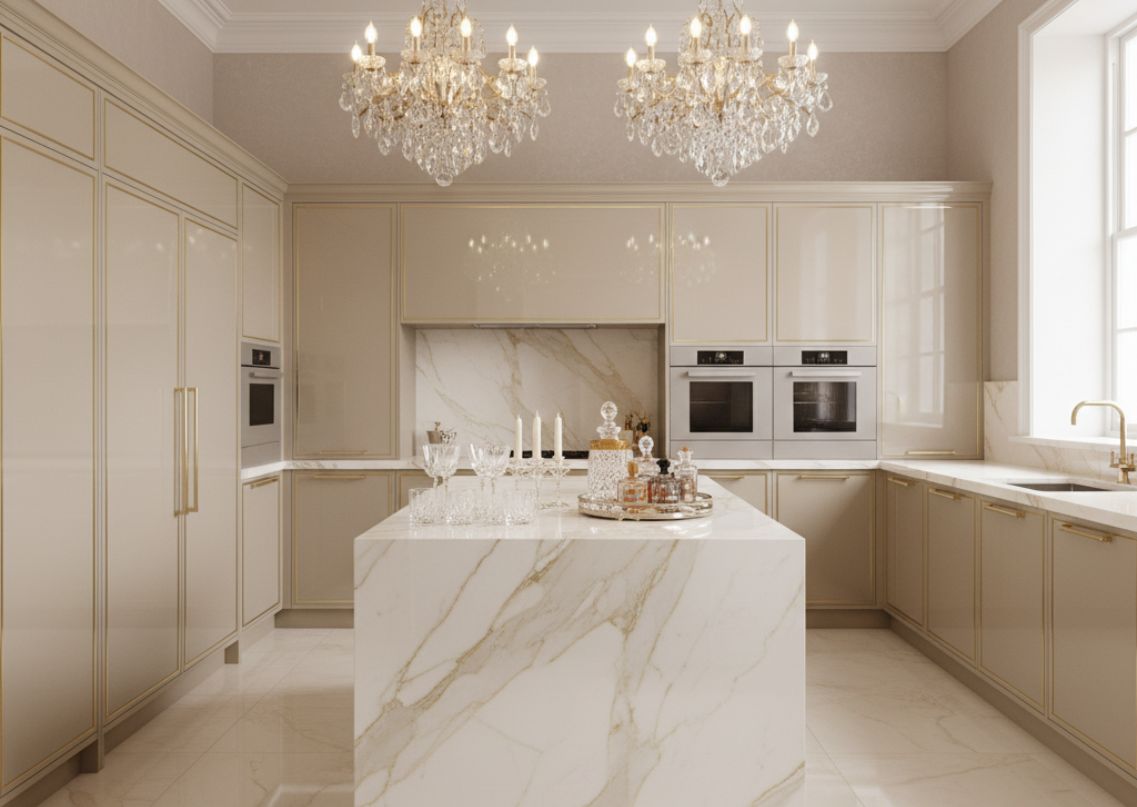 Luxury modular kitchen with beige cabinets and marble island - Beautiful Homes