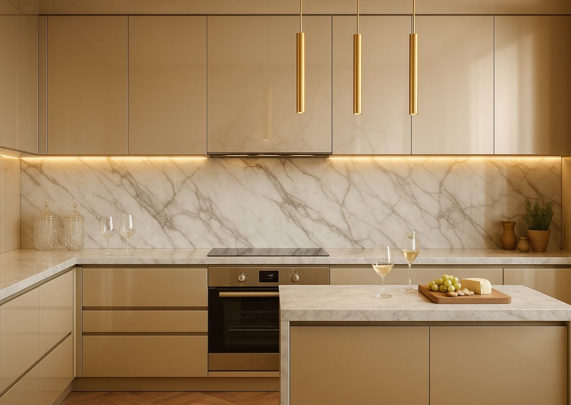 Beige modular kitchen with marble and cove lighting - Beautiful Homes