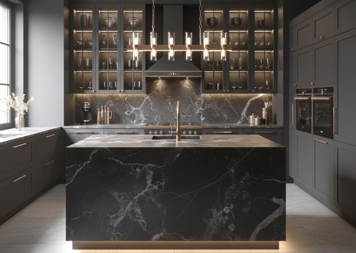 Modern black kitchen with marble island design - Beautiful Homes