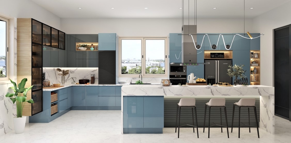 Luxury kitchen with glossy blue acrylic cabinets and white countertop-Beautiful Homes