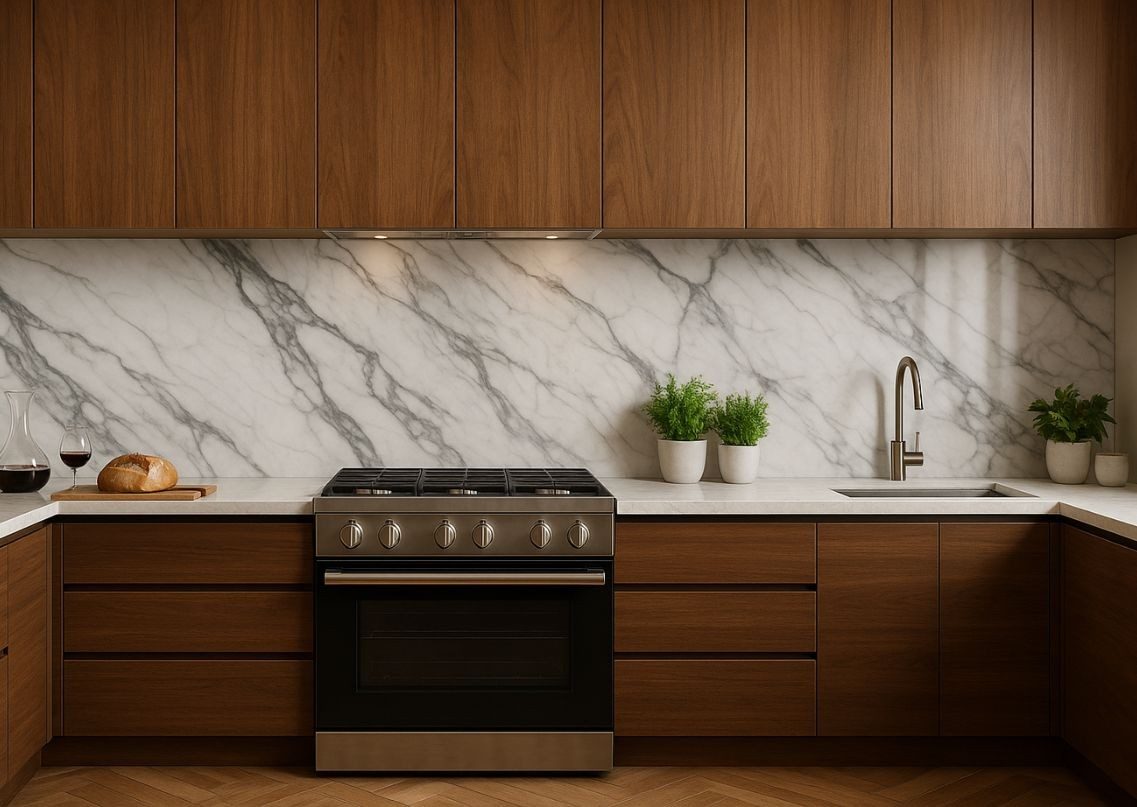 Kitchen with wood cabinets and marble backsplash - Beautiful Homes