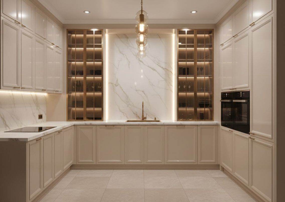 Modern kitchen with marble backsplash and warm lights - Beautiful Homes