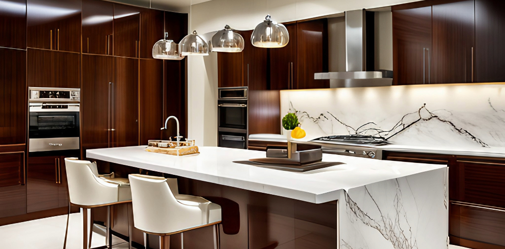 Luxury modular kitchen with white marble countertops and backsplash and wooden kitchen cabinets