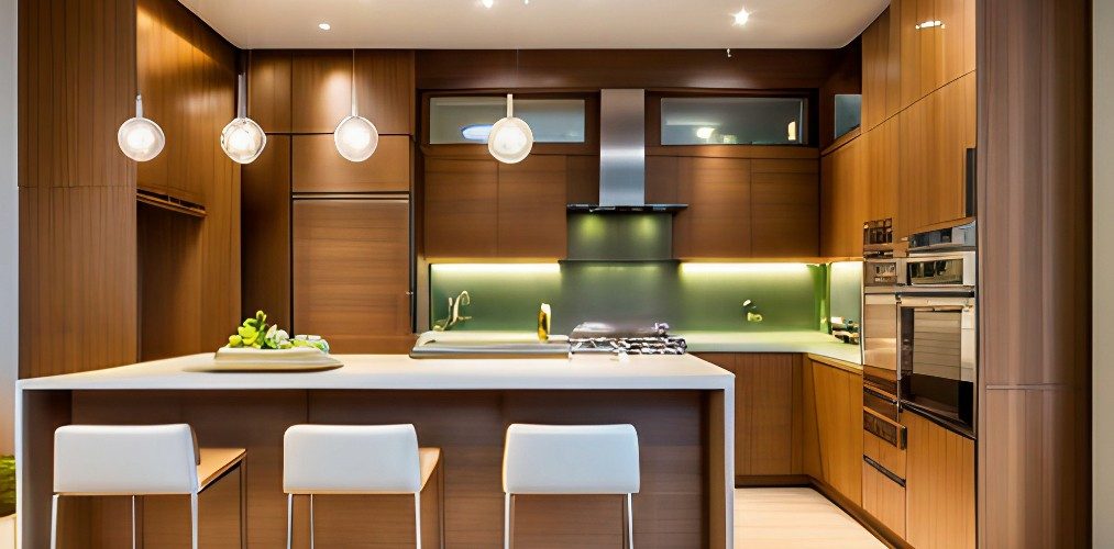 Luxury modern kitchen design with wood cabinets and green backsplash-Beautiful Homes