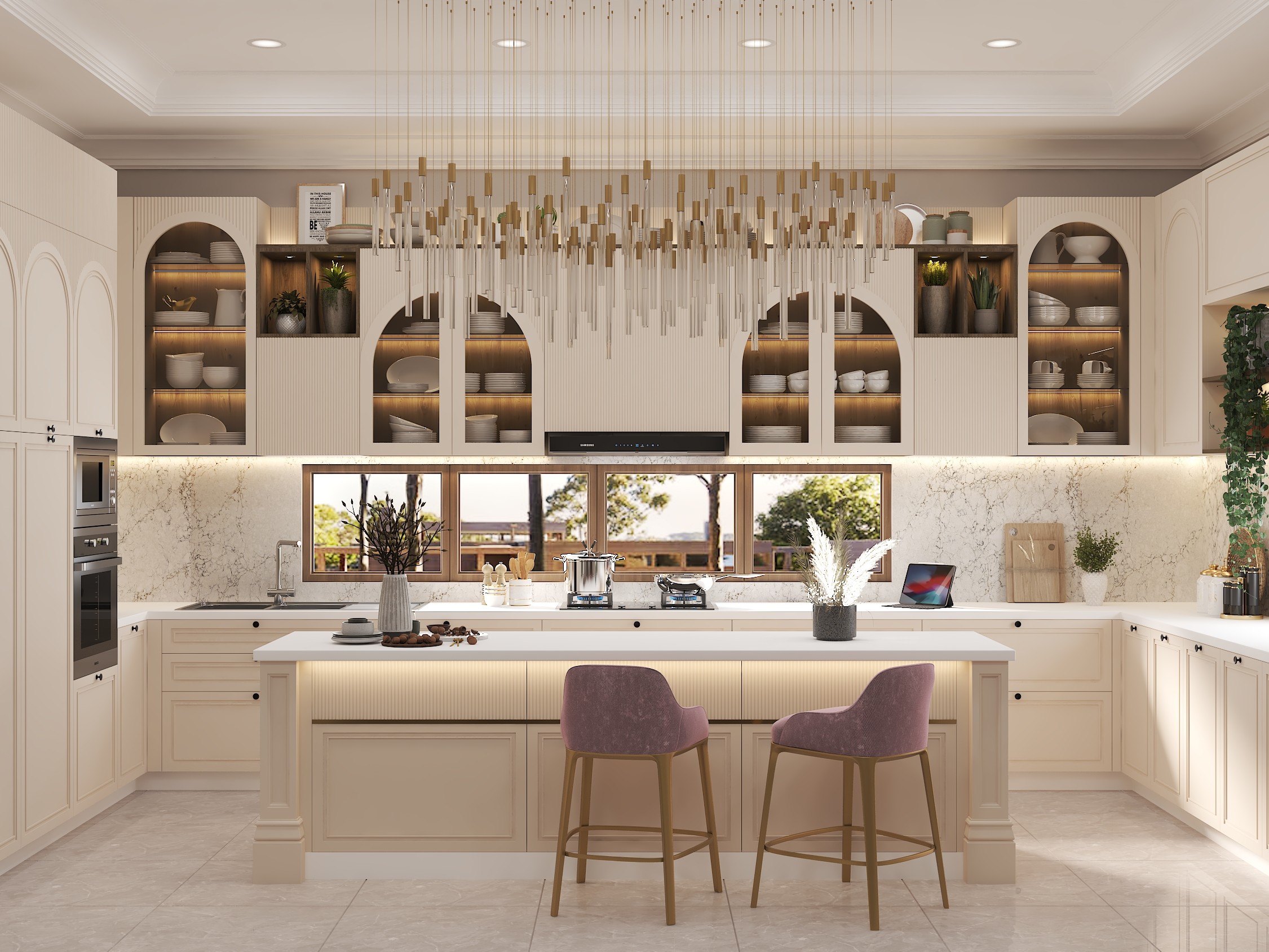 Luxury kitchen with chandelier and marble counters - Beautiful Homes