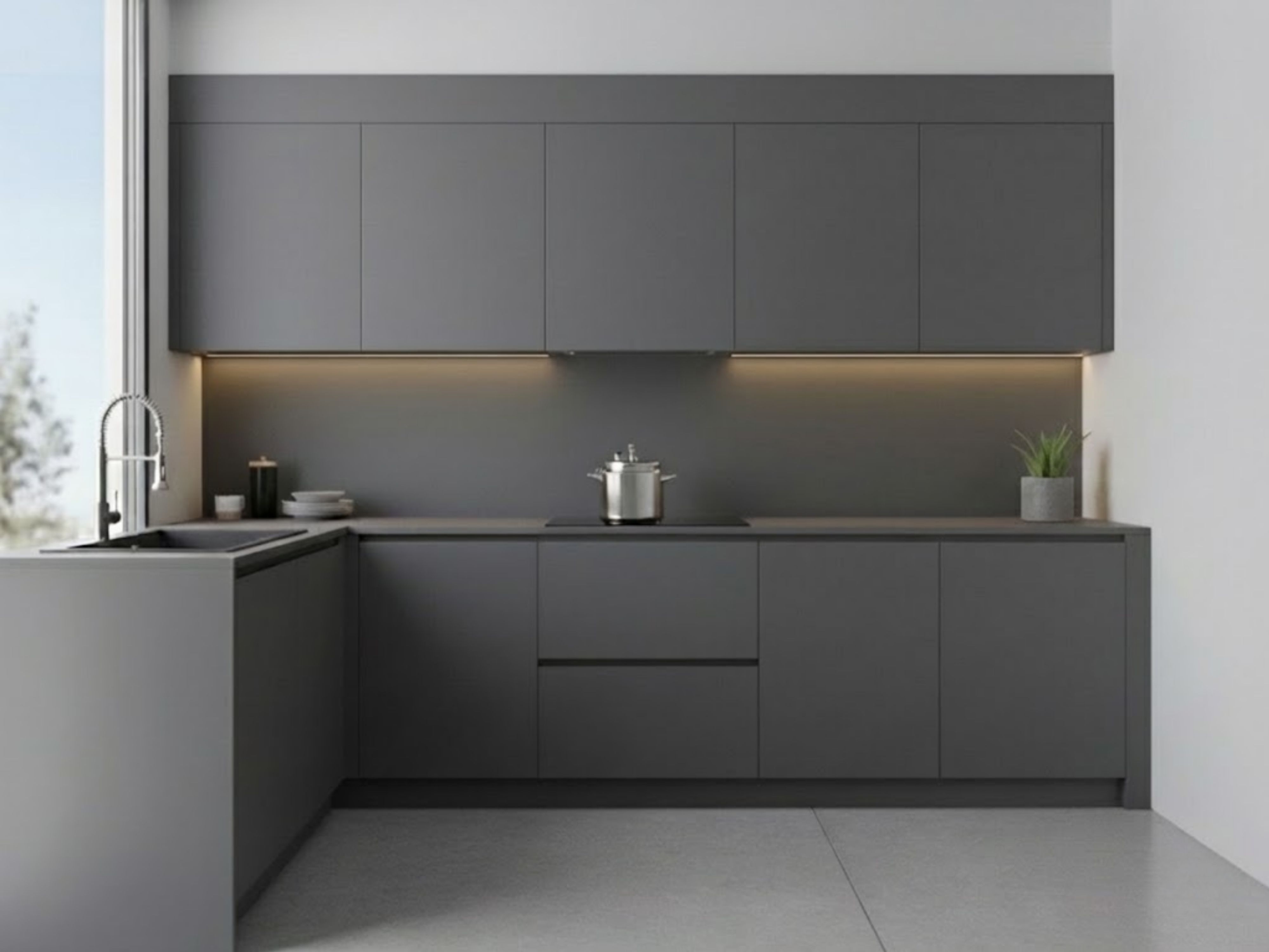 Modern grey kitchen with cabinets and natural light - Beautiful Homes