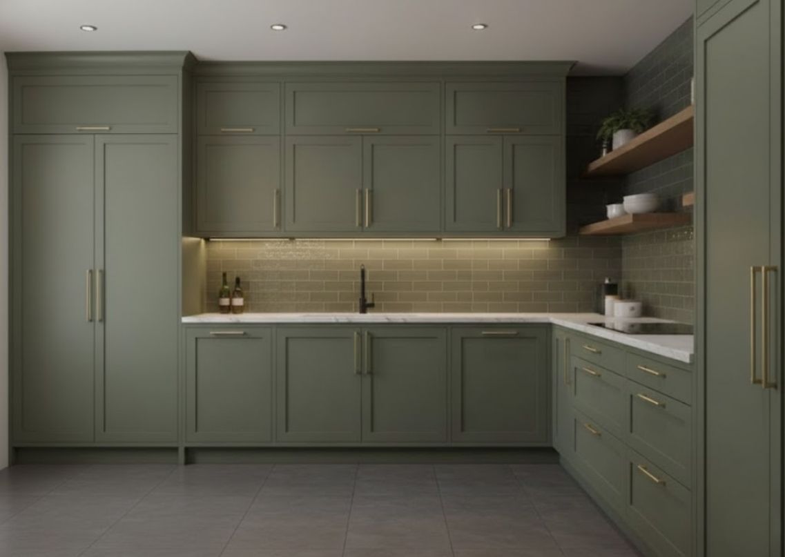 Modern kitchen with green cabinets and gold handles - Beautiful Homes
