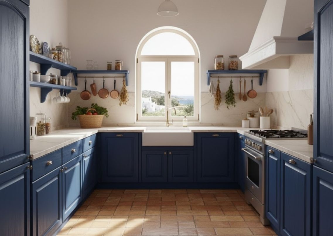 Kitchen with blue cabinets and terracotta tiles - Beautiful Homes