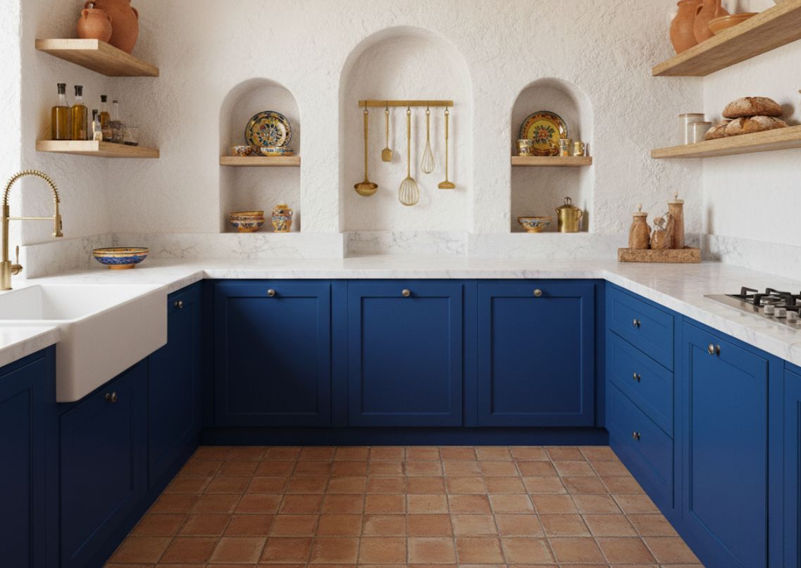 Blue kitchen with terracotta floor and farmhouse sink - Beautiful Homes