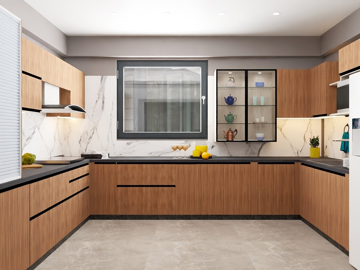 Modern U-shaped kitchen with wood cabinets and window - Beautiful Homes